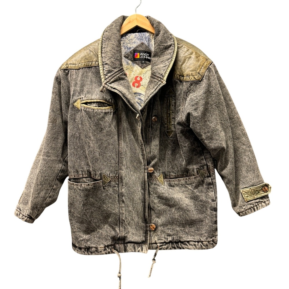 Vintage Andy Johns Jacket Mens Medium Denim Leather Acid Wash Gray Green